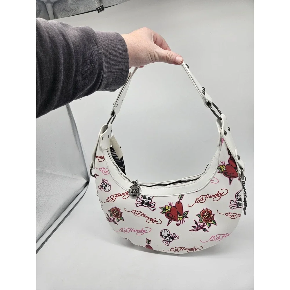 Ed Hardy Skull Rose Heart Print Purse Shoulder Bag‎ Y2K White Red Gunmetal NEW